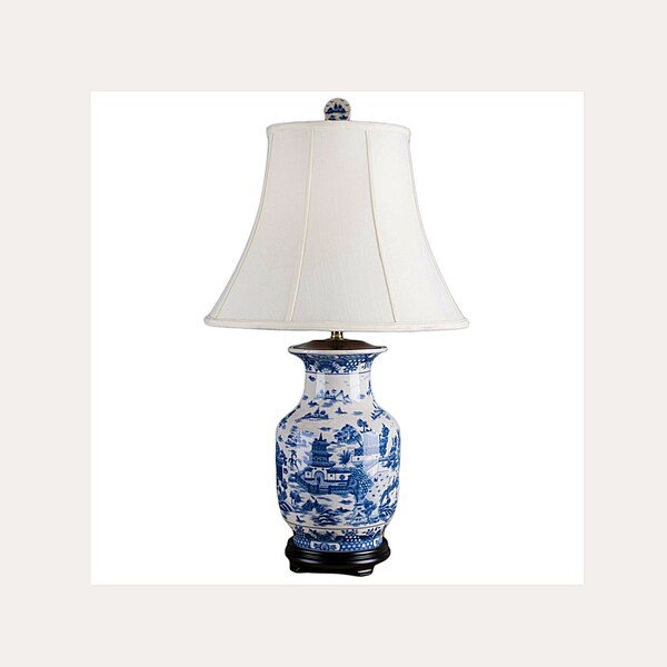 Blue and White Vase Shape Lamp With Porcelain Finial and Wood Base. Pagoda Willow Garden Design. (Lampshade Included)