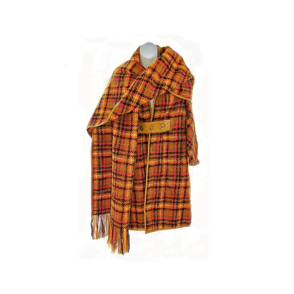 GROOVY Bonnie Cashin for Sills Autumn Color Burst Wool Plaid Coat. Turnlock Closure w/ Ensemble Wool Shawl/Scarf. Leather Trim.RARE.c1967