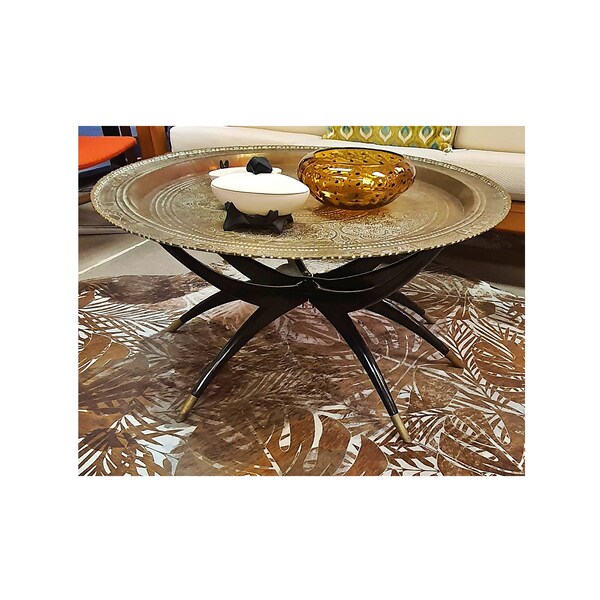 Mid Century (c1960’s) Enameled Hardwood Spider Leg Folding Tray Table with Brass Tray Top Featuring a Design With Koi Fish and Dragons