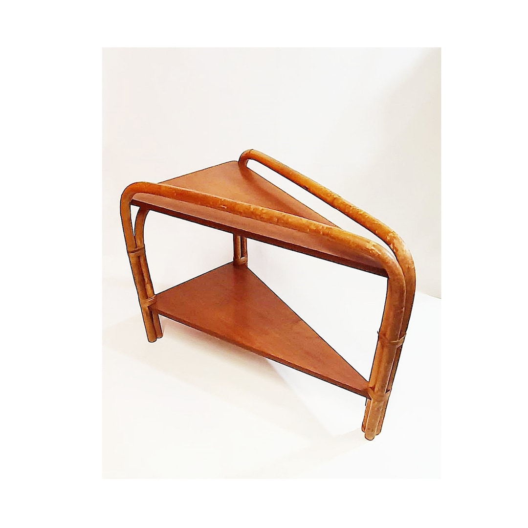 Mid Century c 1969 Triangular Twoshelf Rattan and Wood End Table by the Tropical Sun Company