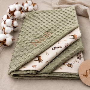 Babydecke Waldtiere personalisiert mit Namen | Boho Minky Kuscheldecke Reh Hirsch Fuchs | 70x100 oder 100x140 cm | Geburt Taufe