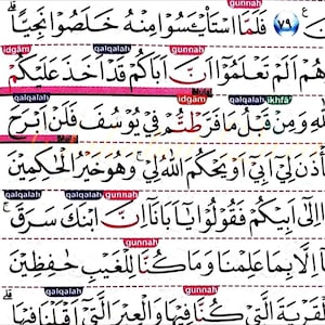 May include: A page from the Quran with Arabic text in black ink. The text is divided into lines with red and pink markings. The top right corner has the number 79 in a blue circle.