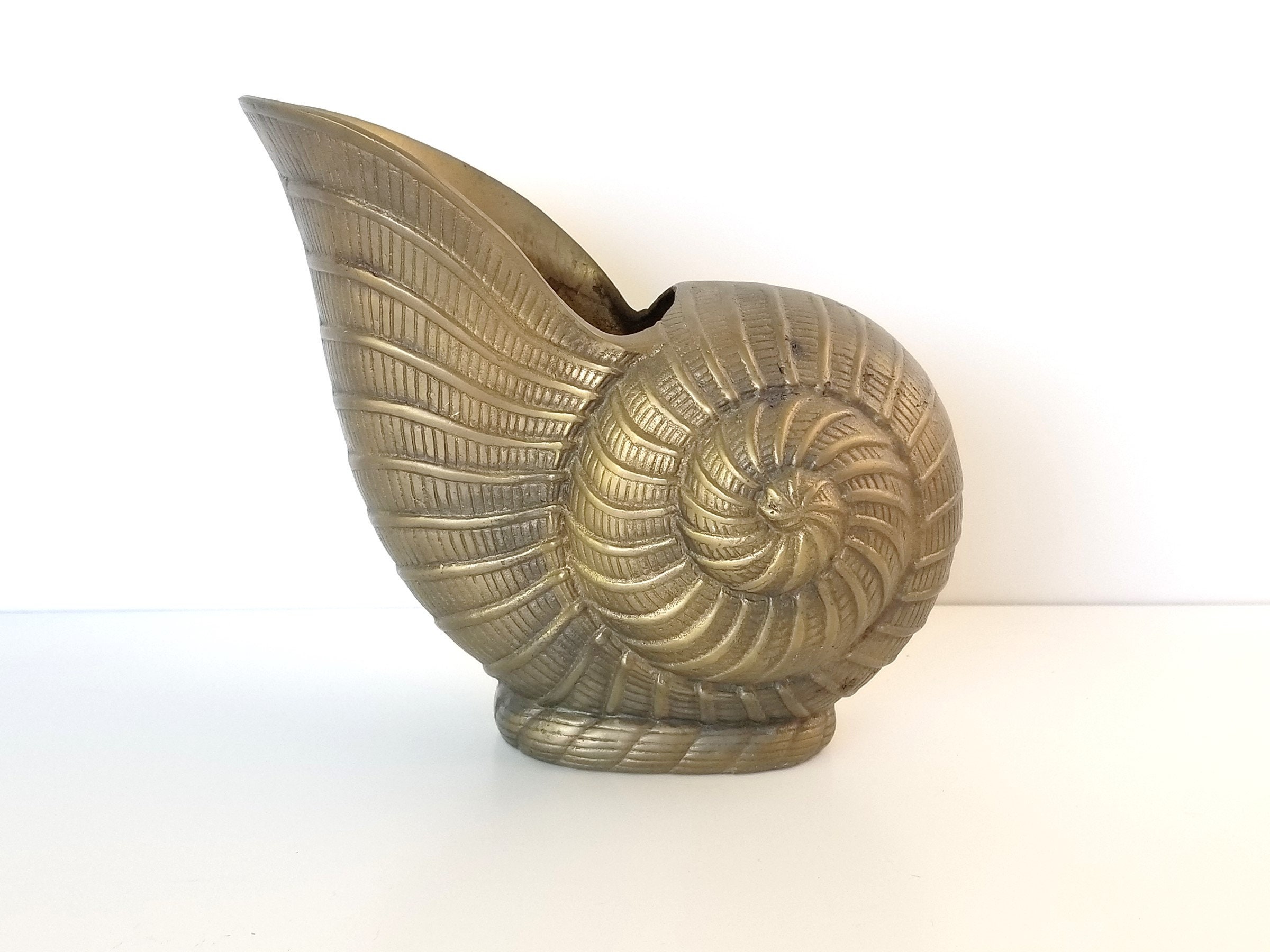 Vintage Cast Brass Large Nautilus Seashell Planter Vase 