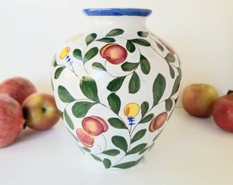 Vintage Colorful Chinese Ceramic 9 Inch Vase with Red and Yellow Fruit Chinoiserie Accent Decor