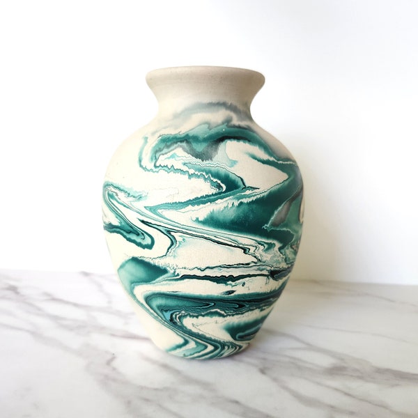 Vintage Mid-century Nemadji Pottery Dark Green Swirl Vase