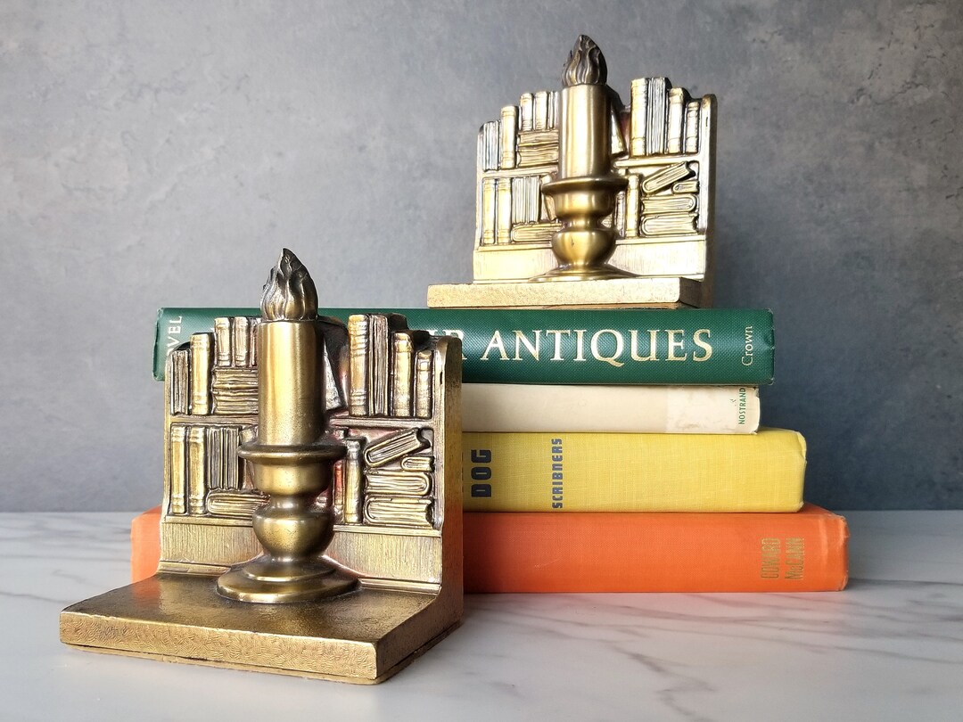 Vintage Brass Candlestick and Books Library Bookends Etsy