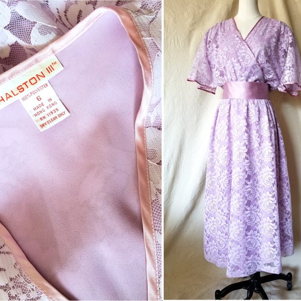 Vintage 80s Halston III Lilac Purple Lace Tea-Length Dress, Faux-wrap Bodice + Sash
