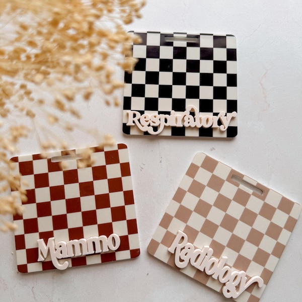 Checkered retro pink black blue purple badge buddy cute id holder for xray, lab, teacher, student nurse, RN, radiology, radtech MA NP nicu