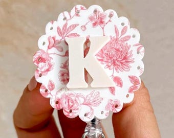Pink Chinoiserie Floral Blue Monogram Badge Reel | Personalized ID Badge Holder | Custom Nurse Badge | Floral Work Accessory | Gradgift