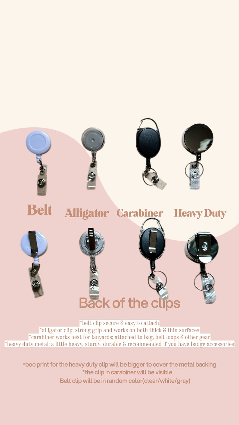 Pu&ograve; includere: Immagine di clip per badge reel in vari stili: cintura, alligator, moschettone e heavy duty. Il testo descrive le caratteristiche di ogni tipo di clip. La clip da cintura &egrave; sicura e facile da attaccare.