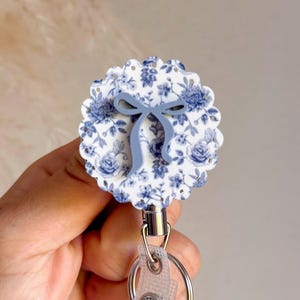 Pink Blue Chinoiserie FloralBow Co Monogram Badge Reel | Personalized ID Badge Holder | Custom Nurse Badge |Floral Work Accessory | Gradgift