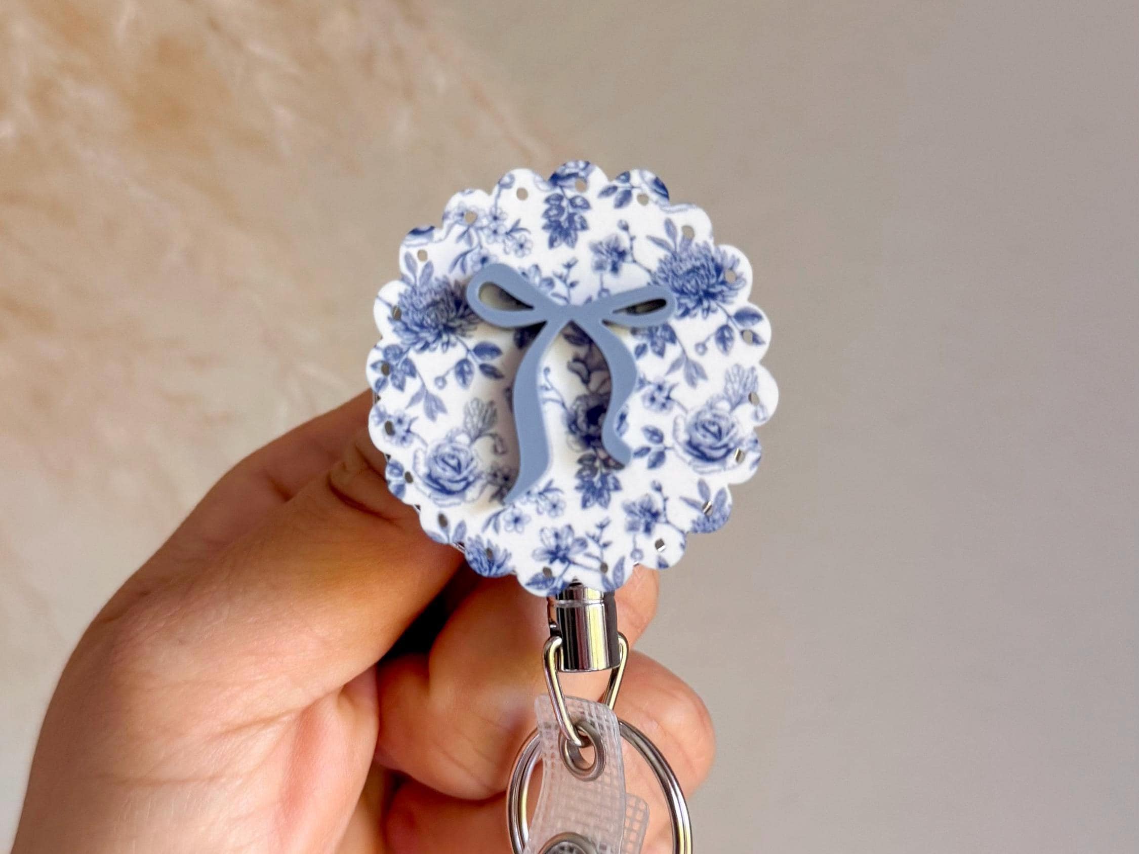 Pink Blue Chinoiserie FloralBow Co Monogram Badge Reel | Personalized ID Badge Holder | Custom Nurse Badge |Floral Work Accessory | Gradgift