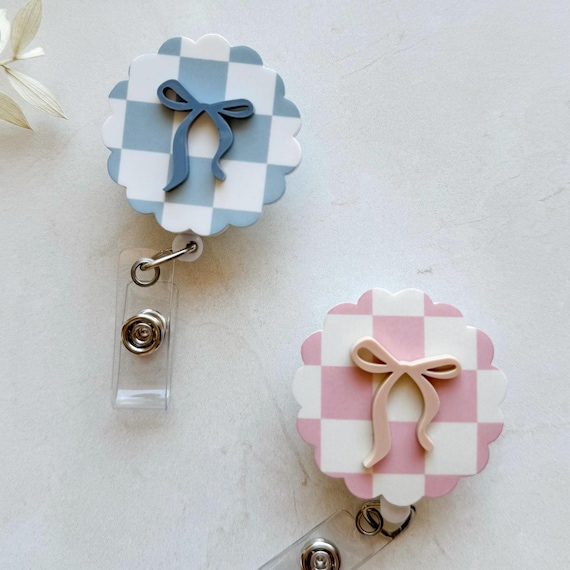 Coquette bow checkered retro Badge Reel/ Radiology CNA RN Nurse badge accessories custom gift/ ID badge holder/ cute retractable id cl