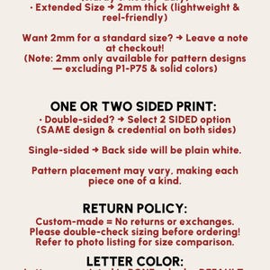 May include: Informational text about badge thickness, print options, return policy, and letter color. The text is on a cream-colored background with brown vertical lines at the top and bottom.