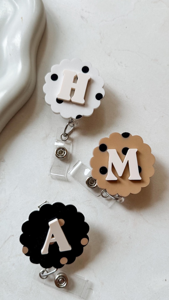 Polkadots Badge Reel scallop with Letter/ Radiology CNA RN Nurse accessories custom gift/ ID holder xray markers/ cute retractable id clip