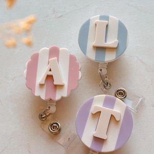 Striped Badge Reel with Letter/ Radiology CNA RN Nurse badge accessories custom gift/ ID badge holder xray markers/ cute retractable id clip