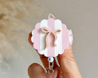 Coquette bow stripe Badge Reel/ Radiology CNA RN Nurse badge accessories custom gift/ ID badge holder xray markers/ cute retractable id clip