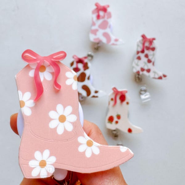 Western Boot Badge Reel, Cowgirl Aesthetic ID Holder, Cute Acrylic Work Badge Buddy Xray Marker Clip Holder, Fun Nurse Badge, Floral Bow