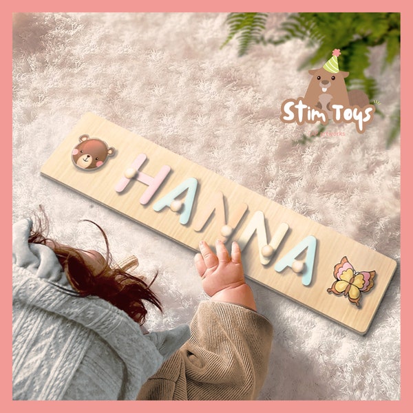 Namenspuzzle aus Holz mit Stiften, Montessori-Puzzle, beschäftigtes Puzzle, erstes Geburtstagsgeschenk für Baby Jungen Baby Mädchen, Holzspielzeug, individuelles Geschenk für Kinder