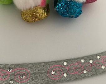 5/8" Fold Over Elastic Gray With Pink Scrolls and Rhinestones/Stretch Elastic for Headbands/Hair Ties/Sewing Elastic by the Yard FOE