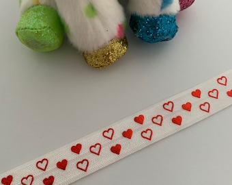 5/8" Fold Over Elastic/White with Red Foil Hearts/Valentine's Day Elastic/Stretch Elastic for Baby Headbands/Hair Ties/Sewing/FOE