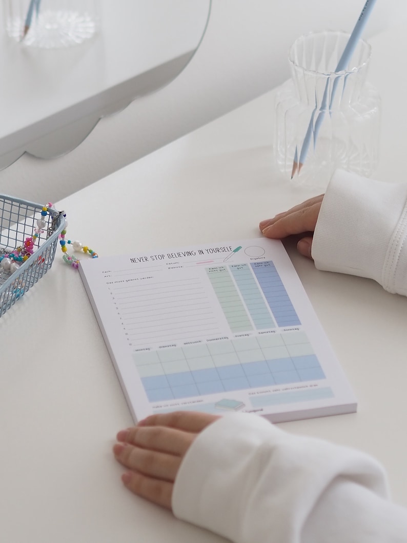 May include: A blue and white planner with the text "NEVER STOP BELIEVING IN YOURSELF" at the top. The planner has sections for daily goals, a weekly schedule, and a monthly calendar.