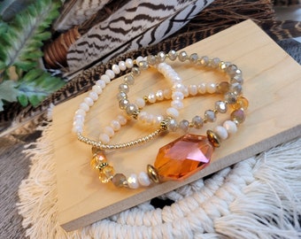 Fall Beaded Bracelet Set, Orange Crystal, Boho Stackable Jewelry