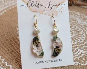Magnolia Huggie Hoop Earrings, Polymer Clay Floral Jewelry