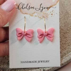 18k Gold Hoops with Pink Bow | Pink Bow Earrings | Gold Hoop Earrings