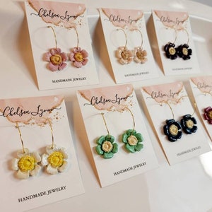Gold Floral Hoop Earrings, Hoop Flower Earrings, Hand Painted Clay Earrings,Gift for Her