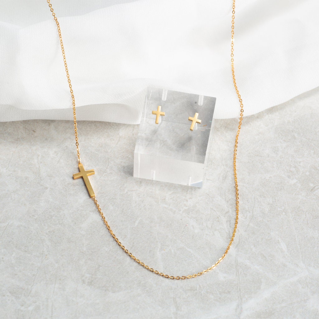 Sideways Cross Necklace and Earring Set Religious Jewelry Etsy Australia