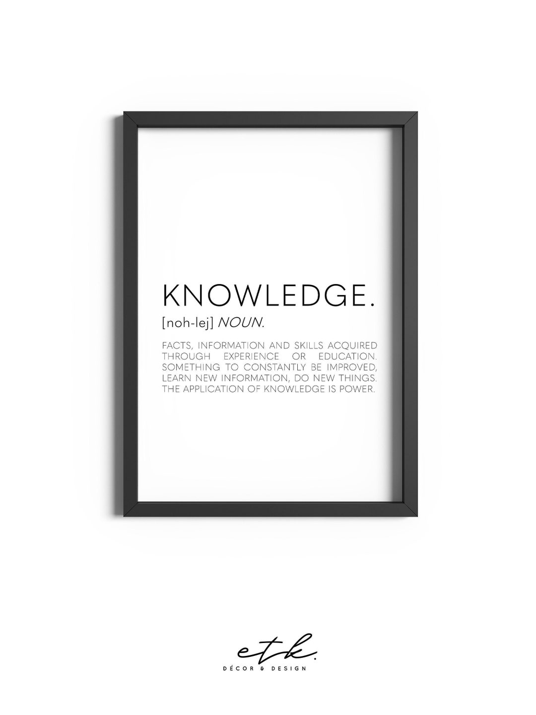 Knowledge Definition, Inspirational Wall Art, Office Decor