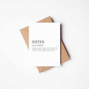 Carte de définition de soeur, carte d'anniversaire de soeur, carte pour la soeur, cartes positives, anniversaire de soeurs, carte de Noel pour la soeur, cartes vierges A6