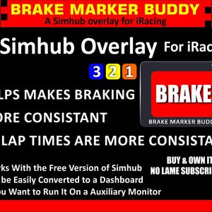 May include: A digital graphic for the Brake Marker Buddy Simhub overlay for iRacing. The black background features red and white text, a red brake icon, and numbered squares in blue, yellow, and orange. It highlights features for sim racing.