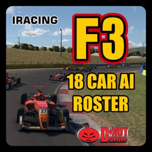 Pode incluir: Imagem de uma corrida de Fórmula 3 com o texto "IRACING" e "F3 18 CAR AI ROSTER". Os carros são vermelhos e pretos, correndo numa pista com relva verde e céu azul. O logótipo "D-NUT STUFF" está na parte inferior.