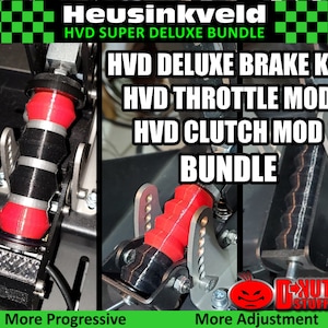 Pode incluir: Um close-up de um conjunto de pedais de simulador de corrida. O conjunto inclui um kit de freio vermelho e preto, um mod de acelerador e um mod de embreagem. O texto na imagem diz "HVD SUPER DELUXE BUNDLE".