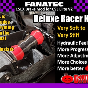 Pode incluir: Um mod de freio preto e vermelho para o volante de corrida Fanatec CSL Elite V2. O texto "Deluxe Racer Kit" é exibido em letras brancas grandes. O texto "Very Soft to Very Stiff" é exibido em letras brancas. O texto "Hydraulic Feel" é exibido em letras brancas. O texto "More Progressive" é exibido em letras brancas. O texto "More Adjustment" é exibido em letras brancas. O texto "More Choices" é exibido em letras brancas. O texto "More better" é exibido em letras brancas. Uma cabeça de diabo de desenho animado vermelha com o texto "DXUT STUFF" é exibida no canto inferior direito.