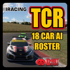 Pode incluir: Uma cena de corrida com o texto "IRACING" no canto superior esquerdo e "TCR" em letras amarelas grandes. Abaixo, o texto diz "18 CAR AI ROSTER". Um carro de corrida branco e vermelho está em primeiro plano.