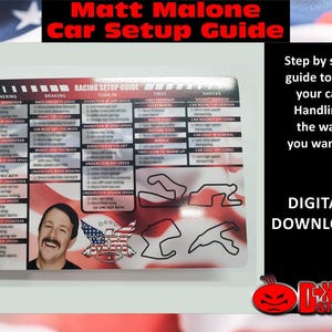 Pode incluir: Um guia de configuração de corrida com o texto "Matt Malone Car Setup Guide". O guia inclui seções sobre curvas, frenagem, pneus e amortecedores. A imagem também inclui uma foto de um homem com bigode e as palavras "Download digital".