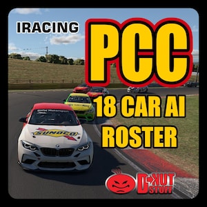 Pode incluir: Imagem de uma cena de corrida com vários carros numa pista. O texto "IRACING" está no topo, com "PCC" em letras amarelas grandes. Abaixo, lê-se "18 CAR AI ROSTER". Um logótipo "D-NUT STUFF" está na parte inferior.
