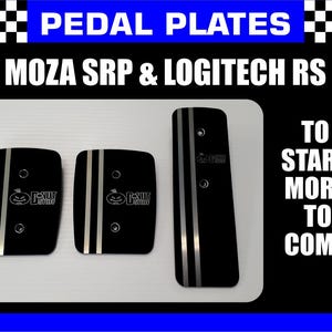 May include: Three black metal pedal plates with silver vertical stripes and a logo featuring a stylized face and the text D-NUT STUFF. The text PEDAL PLATES, MOZA SRP & LOGITECH RS, and TO START MORE TO COME are displayed in white against a black background.