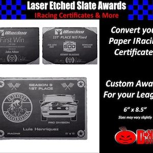 Certificados iRacing em ardósia gravada a laser