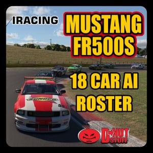 Pode incluir: Cena de corrida com vários carros Mustang FR500S numa pista. A imagem inclui o texto "IRACING", "MUSTANG FR500S" e "18 CAR AI ROSTER". O carro principal é vermelho e branco com o número 58.