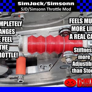 Pode incluir: Uma imagem em close-up de um kit de modificação do acelerador. O kit inclui um componente vermelho em forma de acordeão, um cilindro branco e várias peças de metal. O texto na imagem diz "SimJack/Simsonn SJD/Simsonn Throttle Mod" e "FEELS MUCH MORE LIKE A REAL CAR!"