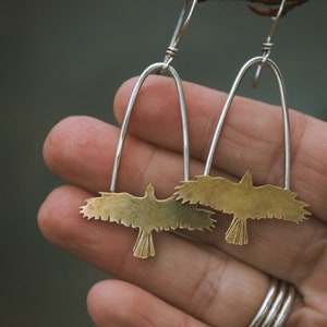 Hawk Earrings, mixed metal hawk earrings, handmade jewelry, hawk swing earrings, gifts for her, raven earrings, crow earrings