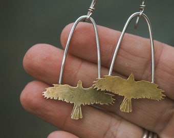 Hawk Earrings, mixed metal hawk earrings, handmade jewelry, hawk swing earrings, gifts for her, raven earrings, crow earrings