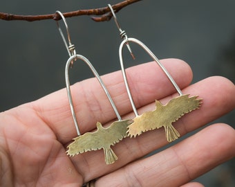 Hawk Earrings, gifts for her, handmade earrings, lightweight everyday earrings, brass earrings, mixed metal earrings, nature inspired