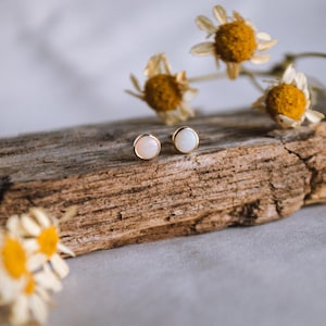 May include: A pair of small, round stud earrings with a light-colored, possibly opal, center stone set in a gold-colored metal. The earrings rest on a piece of weathered wood, with dried daisies scattered around.