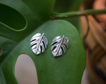 Sterling Silver Monstera Leaf Stud Earrings, Handmade Jewelry