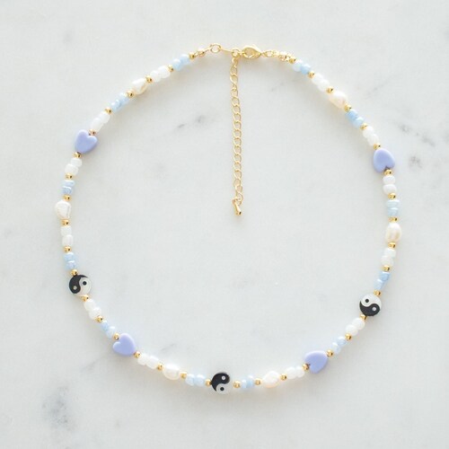 Yin Yang Pearl Necklace With Blue Heart Pastel Glass Beads Etsy